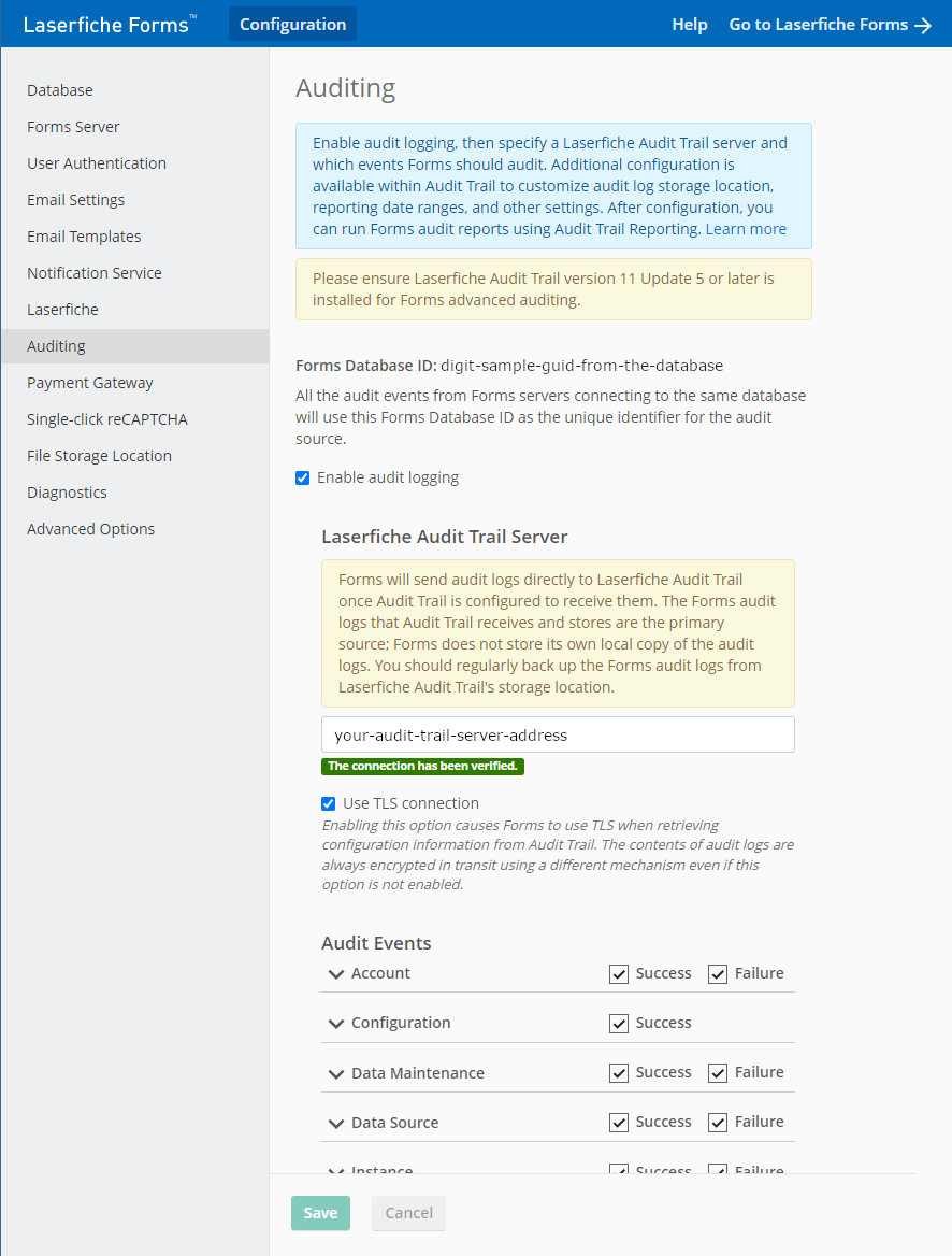 Forms auditing configuration page