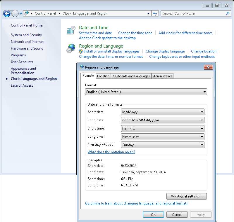 Region and Language settings in Windows