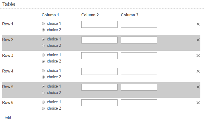 Table where the rows are colored according to which radio button us selected in one column.