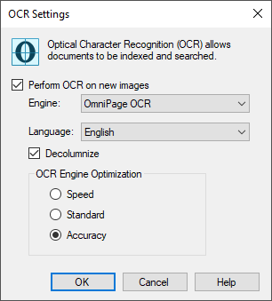 OCR Settings dialog box