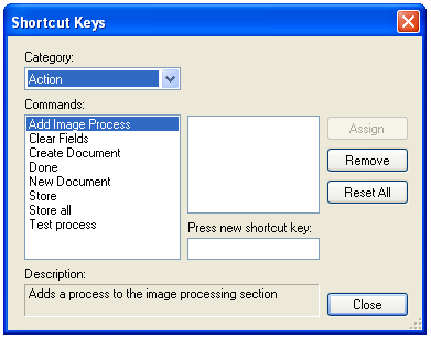 Shortcut keys dialog box