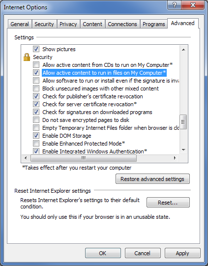 Internet Options dialog in Internet Explorer