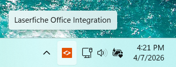 An image of the Windows System tray with the Laserfiche Office Integration selected.