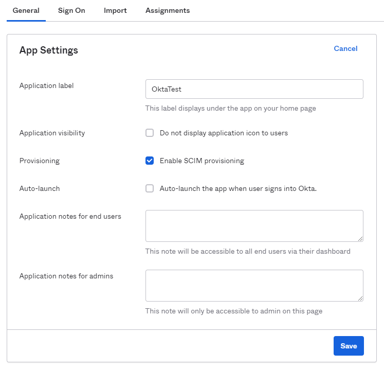 Okta Administrator Dashboard General Tab Screenshot
