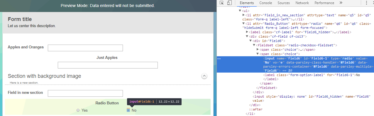 Viewing the HTML element corresponding to a radio button using Chrome's Developer Tools.