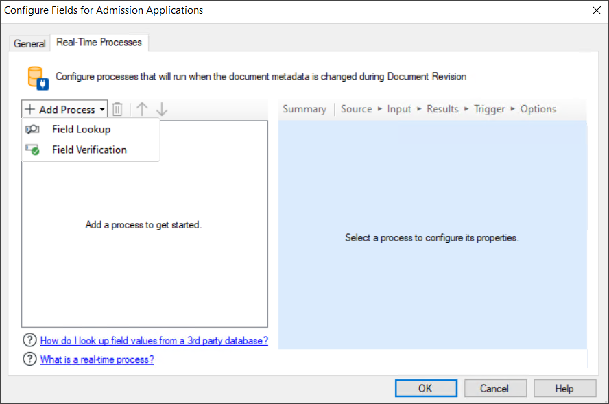 Real-Time Processes tab of the Configure Fields for Document Class dialog box