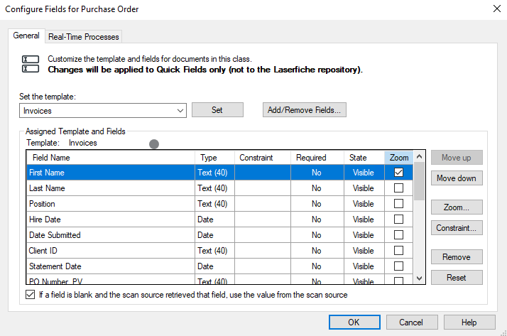 Configure Fields for Document Class dialog
