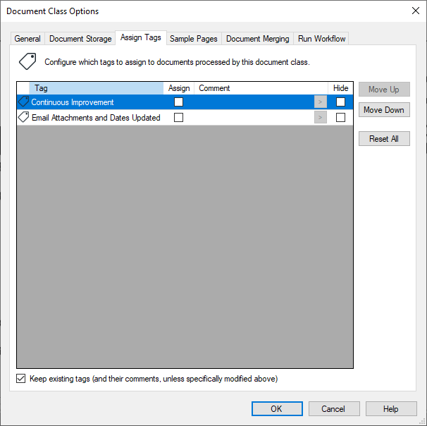 Document Class Tags options
