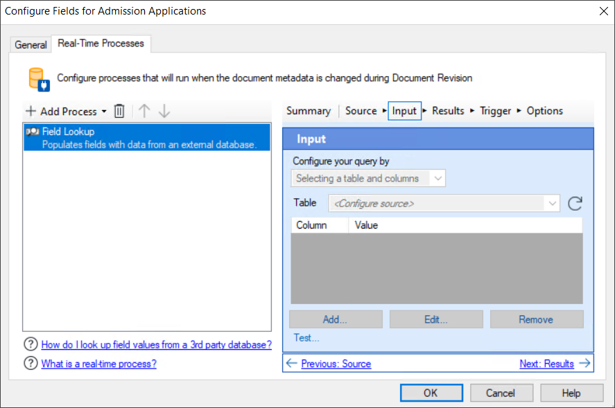 Real-Time Processes tab in the Configure Fields for Document Class dialog box