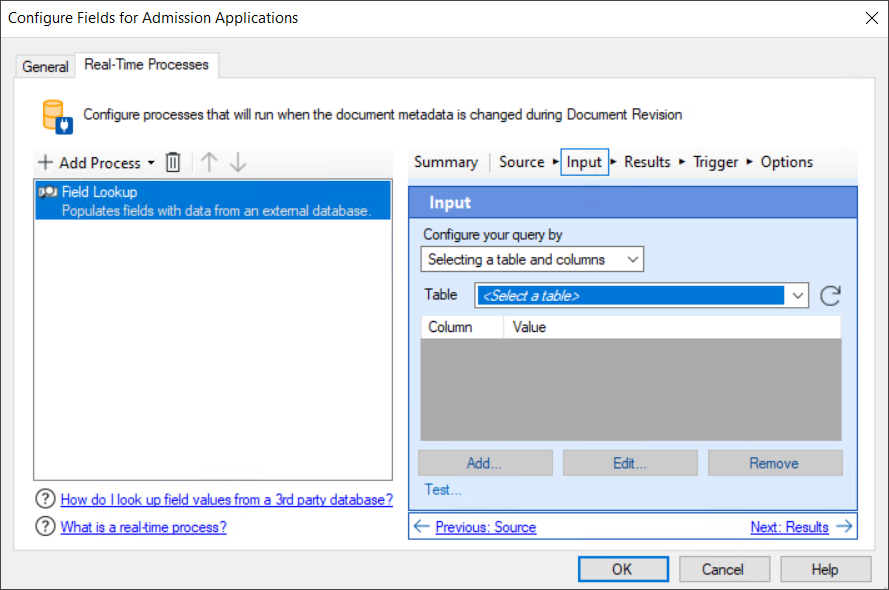 Real-Time Processes tab in the Configure Fields for Document Class dialog box