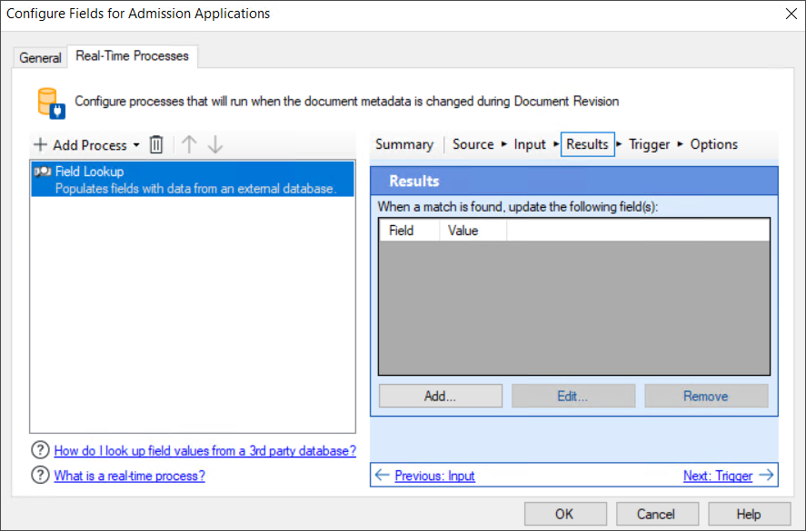 Real-Time Processes tab in the Configure Fields for Document Class dialog box