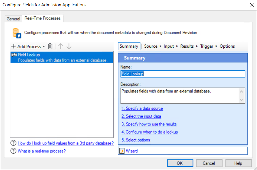 Real-Time Processes tab of the Configure Fields for Document Class dialog box