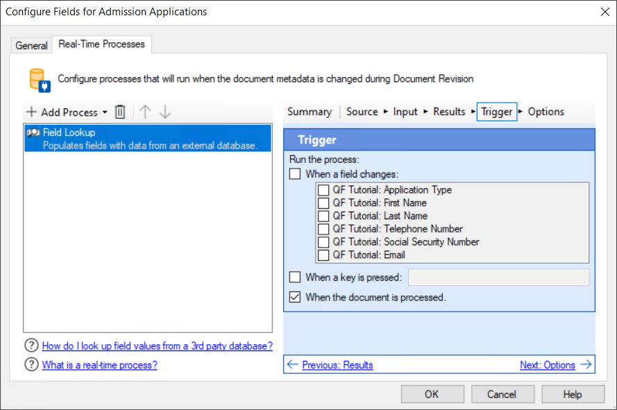 Real-Time Processes tab in the Configure Fields for Document Class dialog box