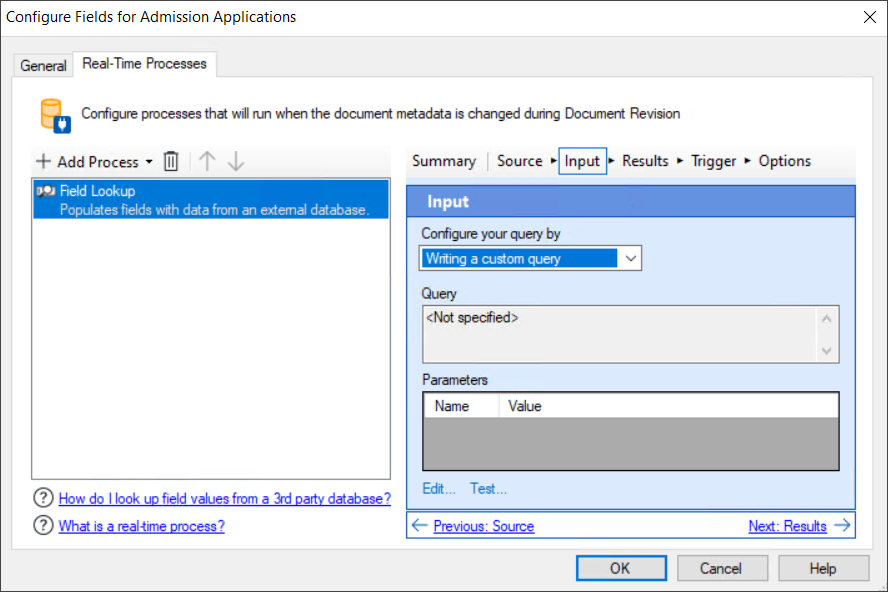 Real-Time Processes tab in the Configure Fields for Document Class dialog box