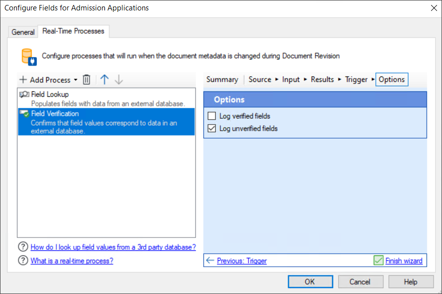 Real-Time Processes tab of the Configure Fields for Document Class dialog box