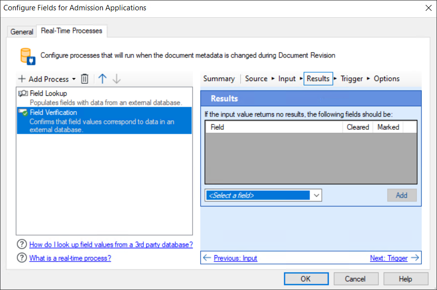 Real-Time Processes tab of the Configure Fields for Document Class dialog box