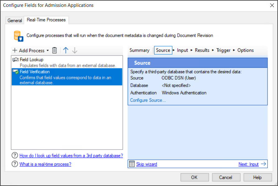 Real-Time Processes tab of the Configure Fields for Document Class dialog box