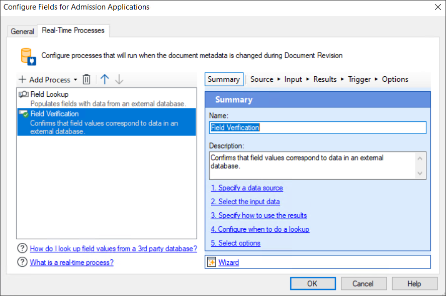 Real-Time Processes tab of the Configure Fields for Document Class dialog box