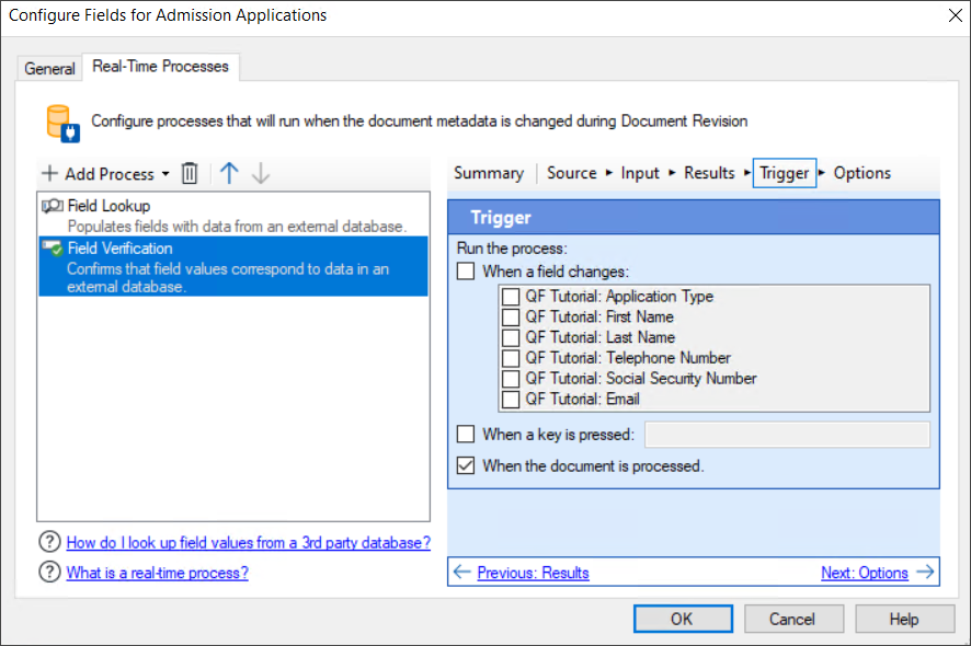 Real-Time Processes tab of the Configure Fields for Document Class dialog box