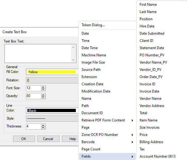 Dialog of adding a field token