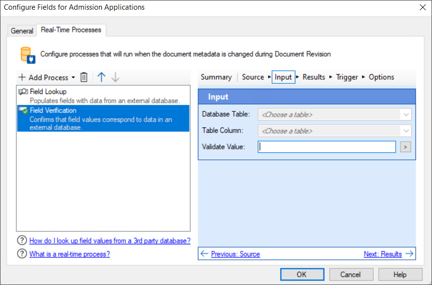Real-Time Processes tab of the Configure Fields for Document Class dialog box