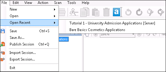 Click File, Open Recent, then select the recent session you want to open Open Recent Session