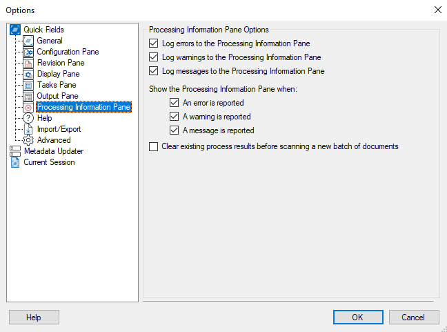 Quick Fields Processing Information Pane