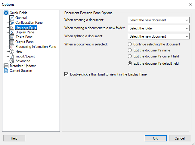 Quick Fields Revision Pane Options