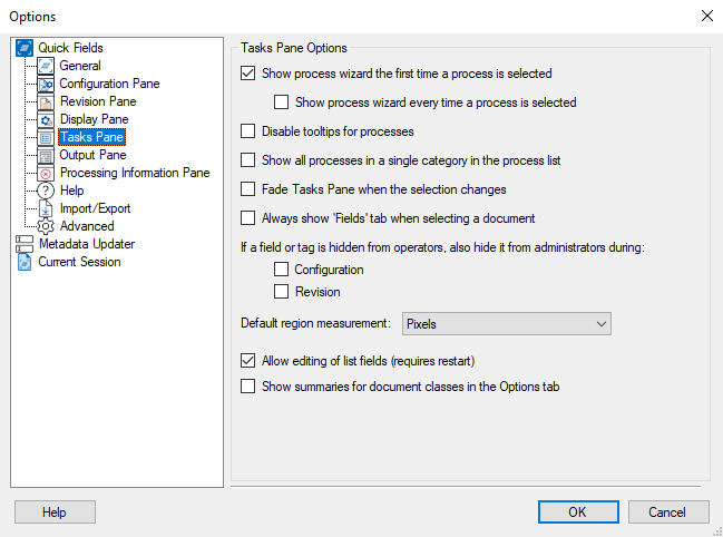 Quick Fields Tasks Pane Options