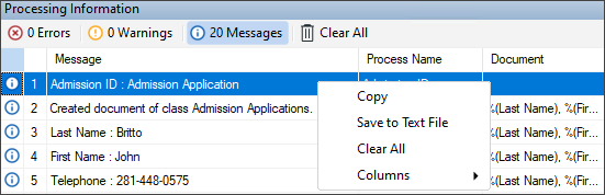 Processing Information Pane Context Menu