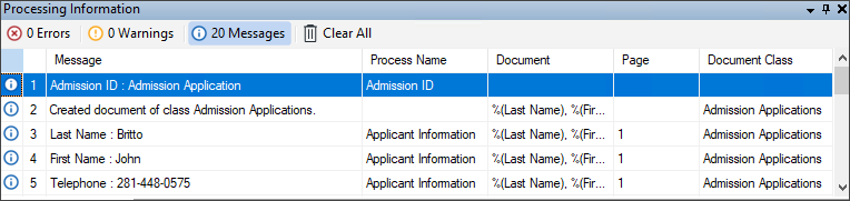 Processing Information Pane