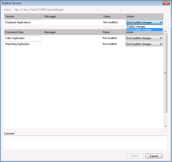 Choose to publish changes to the session or document classes in the Publish Session dialog box. Publish Session dialog box