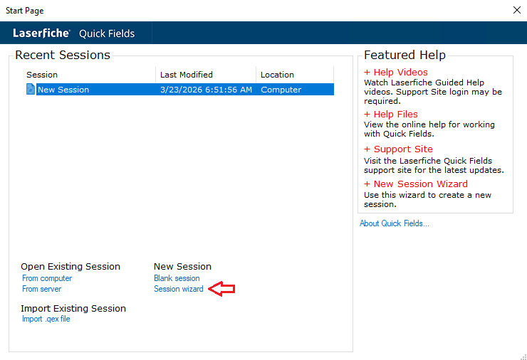 New Session Wizard