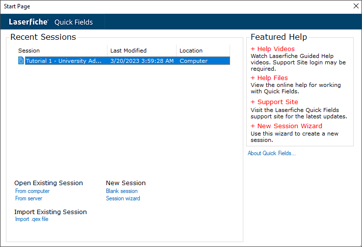 Quick Fields Start Page