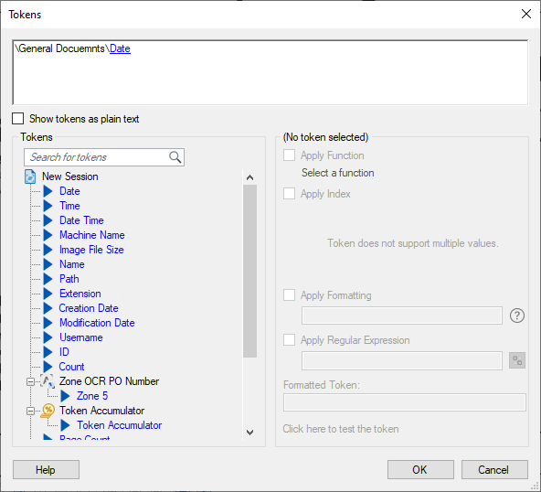 Token dialog box