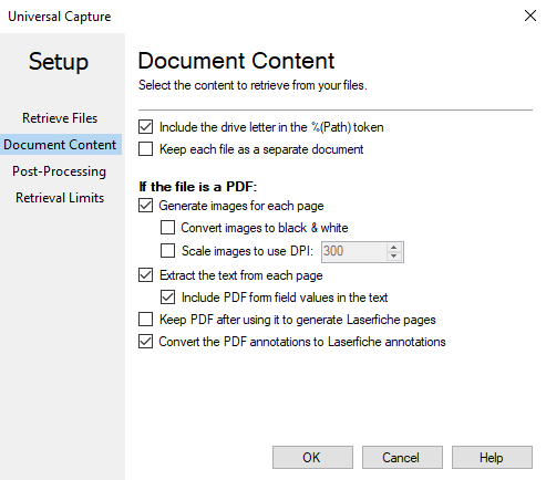 Document Content section of the Universal Capture dialog box