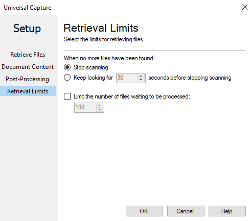 Retrieval Limits section of the Universal Capture dialog box