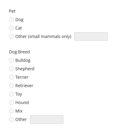 Example radio fields for pet types and dog breeds