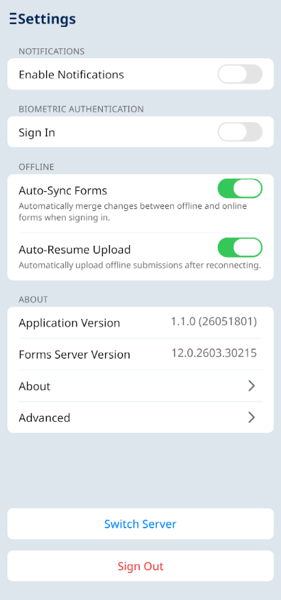Forms app settings