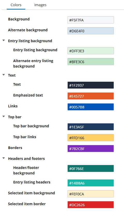 The colors tab in the Themes section of the Public Portal designer