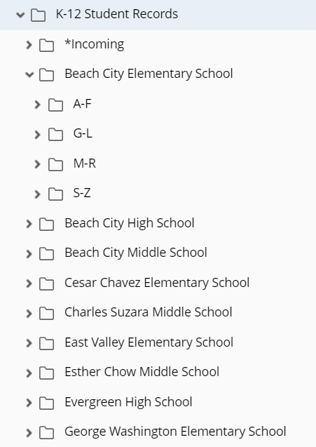 Student records folder tree organized alphabetically by student name