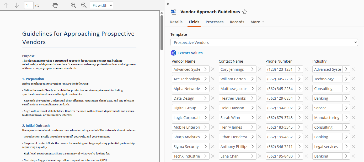 Vendor information is shown as metadata next to a document