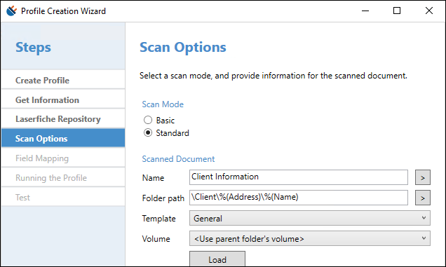 Example configuration of the scan options page