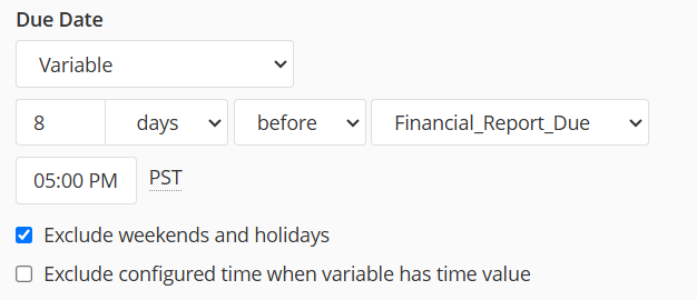 Example due date configuration