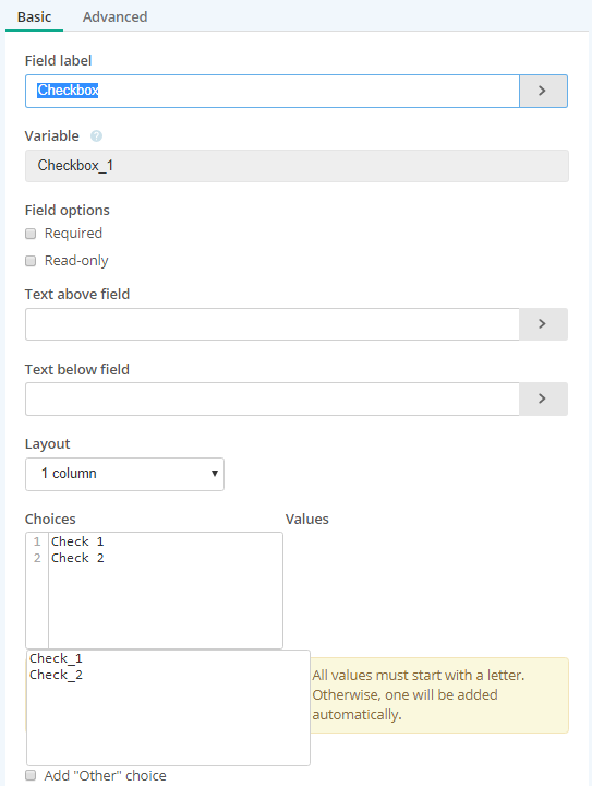 The dialog box for editing a field, showing the variables that correspond to each choice.