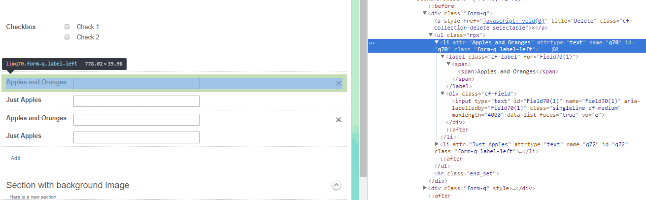 The HTML element corresponding to an individual field in a set of fields, within a collection.