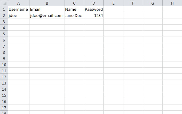 Sample participant entry in the Excel file