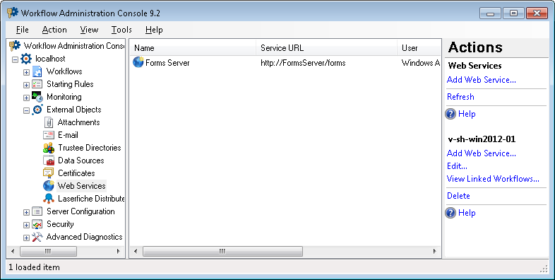 Workflow Administration Console: Web Services node