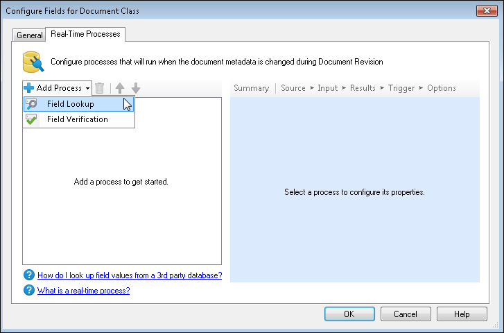 Real-Time Processes tab of the Configure Fields for Document Class dialog box