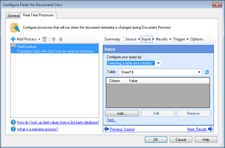 Real-Time Processes tab in the Configure Fields for Document Class dialog box